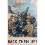 BRITISH WWII RECRUITMENT POSTER "BACK THEM UP" Coastal anti-aircraft/ shipping guns firing. Original