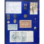 FRAMED WWI GERMAN VETERANS MEDAL AND PAPER GROUPING Named to a W. Hamburger, a Franco-Prussian WWI