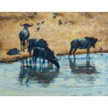 Zakkie (Zacharias) Eloff (South African 1925-2004) WILDEBEEST AT A WATERHOLE signed; title inscribed