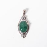 AN EMERALD AND DIAMOND PENDANT Bezel set with an oval cabochon Emerald weighing approximately 6.5