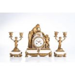 A 19TH CENTURY FRENCH ORMOLU AND GILT METAL CLOCK GARNITURE BUYERS ARE ADVISED THAT A SERVICE IS