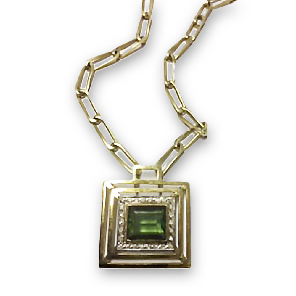 A TOURMALINE AND DIAMOND PENDANT Centred by a bezel-set princess-cut tourmaline weighing