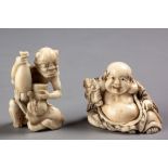 A JAPANESE IVORY NETSUKE OF HOTEI, MEIJI PERIOD, 1868 - 1912