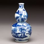 A CHINESE BLUE AND WHITE DOUBLE GOURD 'LANDSCAPE' VASE, PEOPLES REPUBLIC OF CHINA, 1949 -