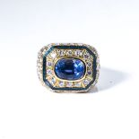 A SAPPHIRE, ENAMEL AND DIAMOND RING