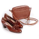 A PAIR OF VINTAGE TANINO CRISCI HEELED MOCCASINS AND AN OSTRICH SKIN HANDBAG