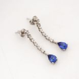 A PAIR OF TANZANITE AND DIAMOND PENDANT EARRINGS