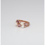 9CT ROSE GOLD AMETHYST , DIAMOND AND PEARL MULTISTONE DRESS RING
