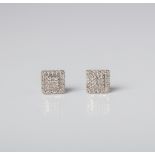 A PAIR OF 9CT WHITE GOLD MULTISTONE DIAMOND SQUARE STUD EARRINGS