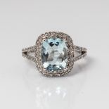 9CT WHITE GOLD AQUAMARINE AND DIAMOND CUSHION HALO RING