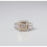 9CT GOLD & SILVER MULTISTONE DIAMOND CUSHION SHAPED DRESS RING