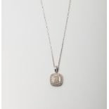 A 9CT AND SILVER DIAMOND CUSHION SHAPED PENDANT ON A 45CM CHAIN