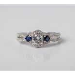 SILVER CREATED BLUE AND WHITE SAPPHIRE RING WITH DIAMOND ACCENTS