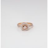 9CT ROSE GOLD MORGANITE, WHITE SAPPHIRE AND DIAMOND CUSHION SHAPED HALO RING