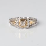 A 9CT GOLD AND SILVER MULTISTONE DIAMOND CUSHION SHAPED DRESS RING