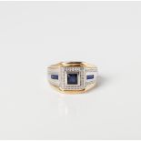 9CT GOLD AND SILVER SQUARE CREATED SAPPHIRE AND DIAMOND DRESS RING