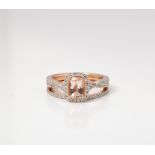 9CT ROSE GOLD MORGANITE AND DIAMOND HALO TWINSET WITH TWISTED PAVE SHANK