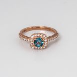 9CT ROSE GOLD BLUE TOPAZ, WHITE SAPPHIRE AND DIAMOND HALO RING