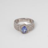 9CT WHITE GOLD TANZANITE AND DIAMOND OVAL DRESS RING