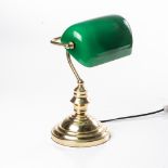 A BRASS BANKER'S LAMP WITH GREEN LAMPSHADE