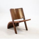 A WALNUT LOW CHAIR, MANUFACTURED BY SHEPERD AND BARKER