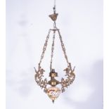 A GILT-METAL AND CERAMIC SINGLE LIGHT CHANDELIER