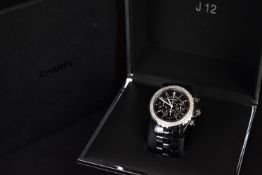 LADIES CHANEL J12 AUTOMATIC CHRONOGRAPH DIAMOND SET WRISTWATCH W/ BOX REF.36294, circular black