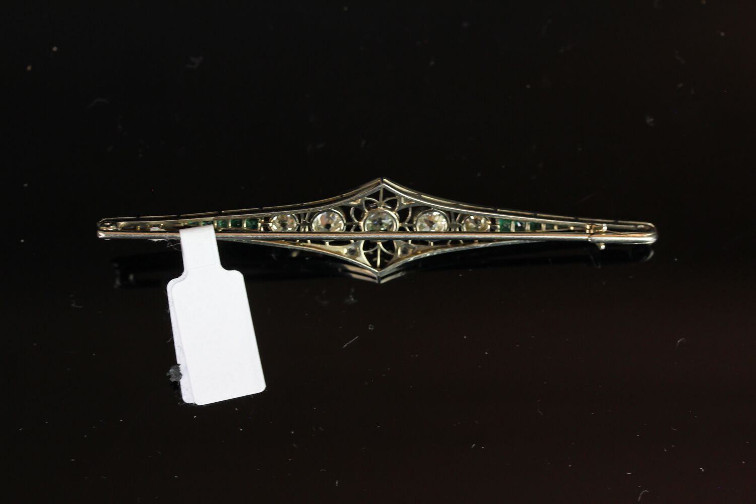Art Deco Diamond and Emerald bar brooch, five feature old cut diamonds across the centre, - Image 2 of 2