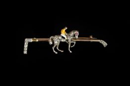 Old and Rose cut diamond Equine brooch, rose cut diamond set horse, ruby eye, enamel jockey, set