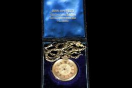 18CT JOHN MYERS AND CO OPEN FACED POCKET WATCH ON 9CT WATCH CHAIN, round, champagne dial, black