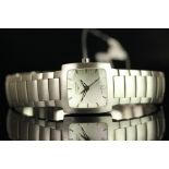 LADIES LONGINES DATE WRISTWATCH, square silver dial with a date window at 6, baton hour markers