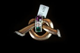 Vintage suffragette bow brooch, rose gold with purple, white and green paste stones to centre,