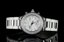 LADIES CARTIER 21 CHRONOGRAPH DIAMOND SET WRISTWATCH, cartier badge pattern triple register dial