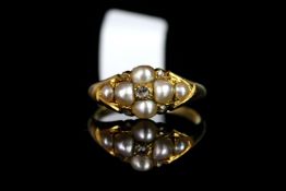 Victorian pearl and rose cut diamond memorial ring, six pearls as a cross with a rose cut diamond to