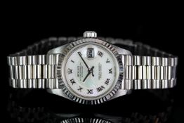 LADIES 18CT WHITE GOLD ROLEX OYSTER PERPETUAL DATEJUST, MODEL 79179, SN A97...., CIRCA 1999,round.