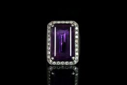 Large Amethyst dress ring, 22.5x14.3x10.3mm, diamond set surround, heavy textured mount, in 18ct