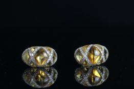 18CT CITRINE AND PAVE DIAMOND HUGGIE HALF HOOP EARRINGS,total weight 15.76 gms.