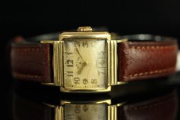 GENTLEMENS LORD ELGIN WRISTWATCH, square patina dial with gold Arabic numerals and hands, subsidiary