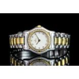 LADIES' EBEL BI COLOUR DIAMOND BEZEL WRISTWATCH, circular mother of pearl diamond dot dial with gold