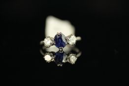 WHITE METAL SAPPHIRE AND DIAMOND THREE STONE RING,sapphire estimated at 4.5x3.7mm, diamonds