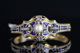 VICTORIAN 18CT FRENCH ENAMEL AND PEARL WITH DIAMOND BANGLE, central pearl, possibly natural, 8.