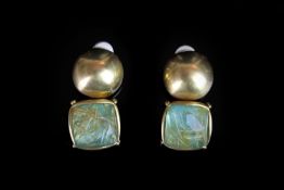 Vaubel, New York designer clip on earrings, faceted cushion cut rutilated quartz, green backed,