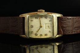 GENTLEMENS ELGIN GOLD PLATED WRISTWATCH, square patina dial with gold Arabic numerals and gold