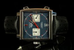 GENTLEMANS TAG HEUER MONACO, WPF5878,CALIBRE 11, square, blue dial with silver hour hands and blue