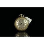 SILVER OPEN FACED BRUM.E GENEVE FOB WATCH, round, grey mottled with flower design dial with black