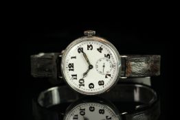 GENTLEMENS LONGINES SILVER TRENCH WATCH, circular white dial with large arabic numerals and