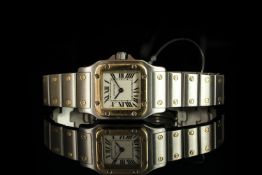 LADIES CARTIER TWO TONE SANTOS, MODEL 1567,square,white dial with blue hands, black roman numeral