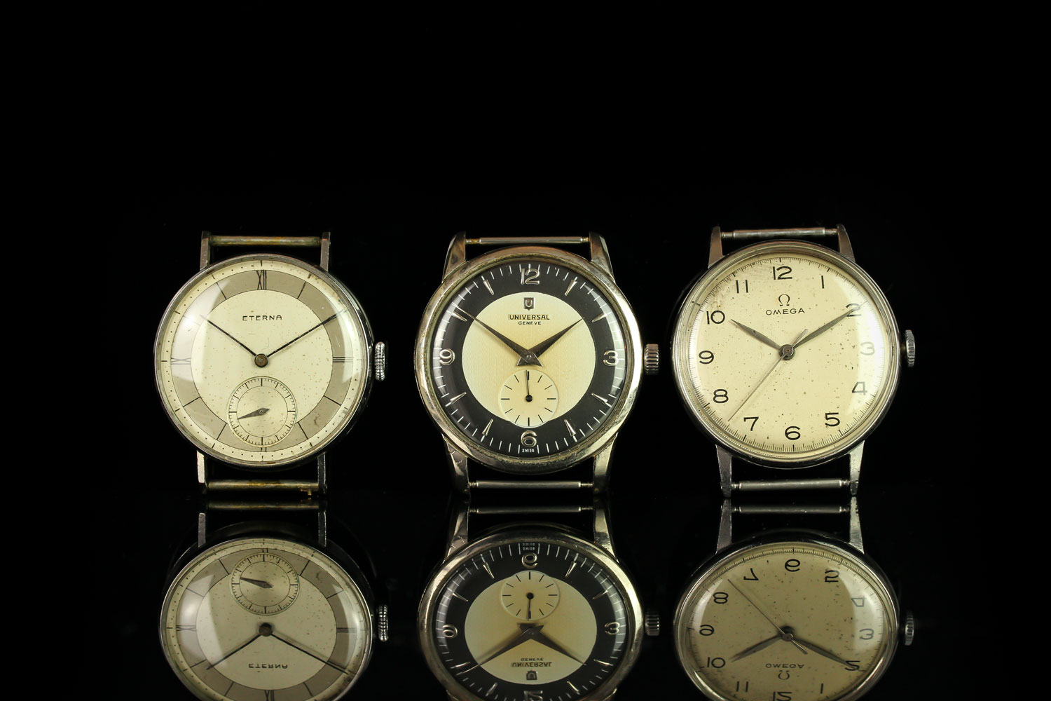 GROUP OF THREE WATCHES INCL ETERNA OMEGA UNIVERSAL GENEVE, Eterna, circular two tone sector dial