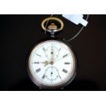 Longines Chronograph Pocket Watch, white circular dial, Roman numerals, outer seconds track, a