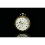 SILVER OPEN FACED POCKET WATCH,WITH DAY AND DATE INLAY CIRCLES, round, white dial with gold hands,